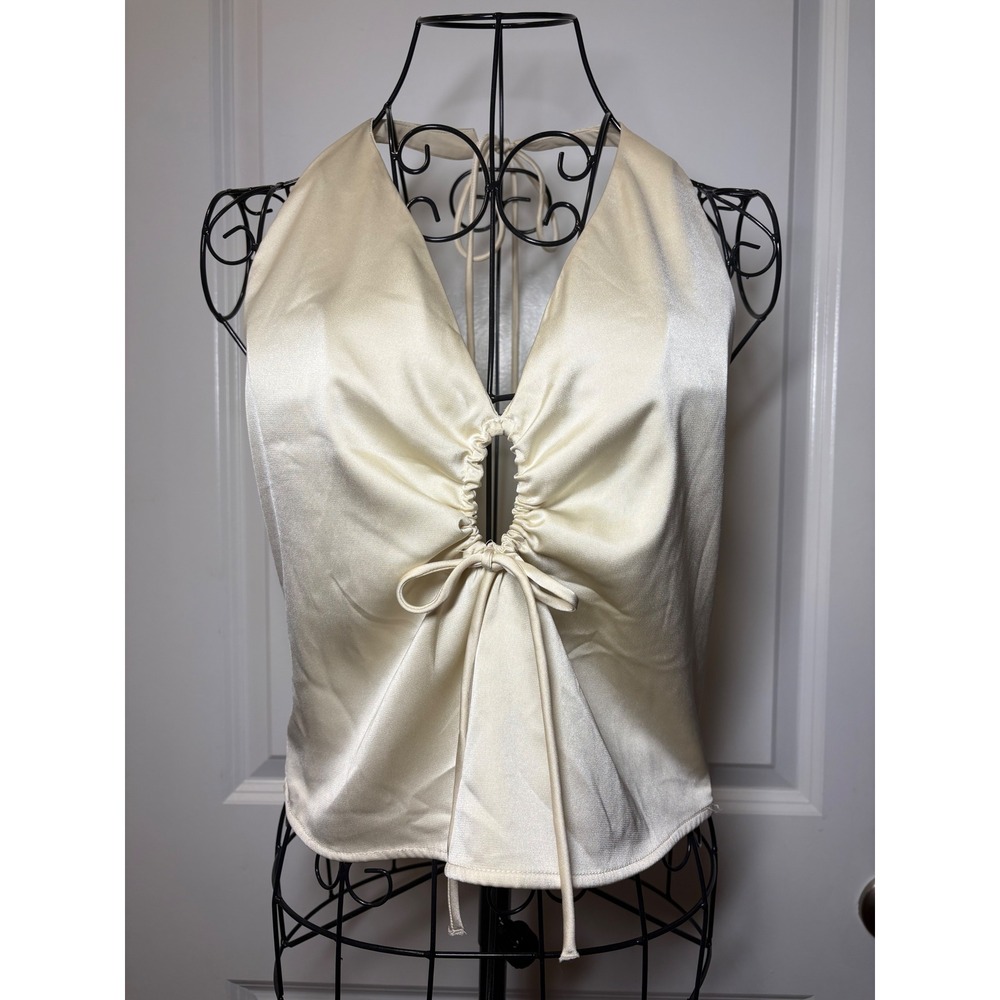 Abercrombie & Fitch Cream Satin Halter‎ Top Keyhole Tie Front Womens Large